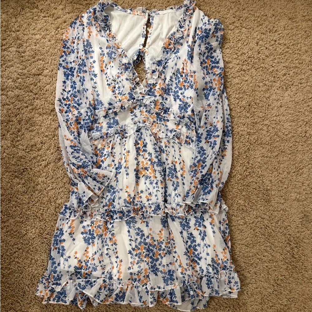 White Floral Ruffle Long Sleeve Mini Dress with cutout back